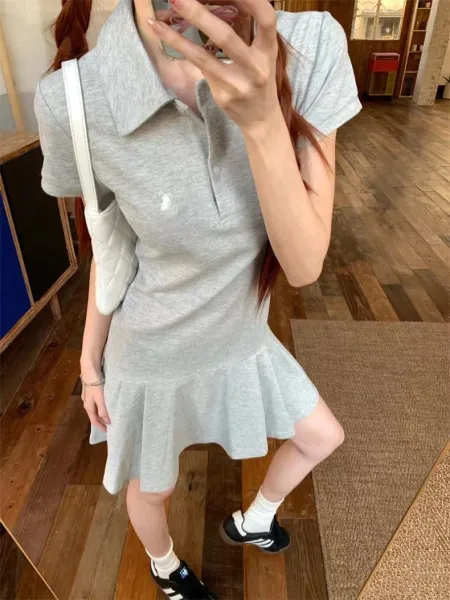 Design Gray Pleated Polo Dress with Pearl Strap Dress - 5