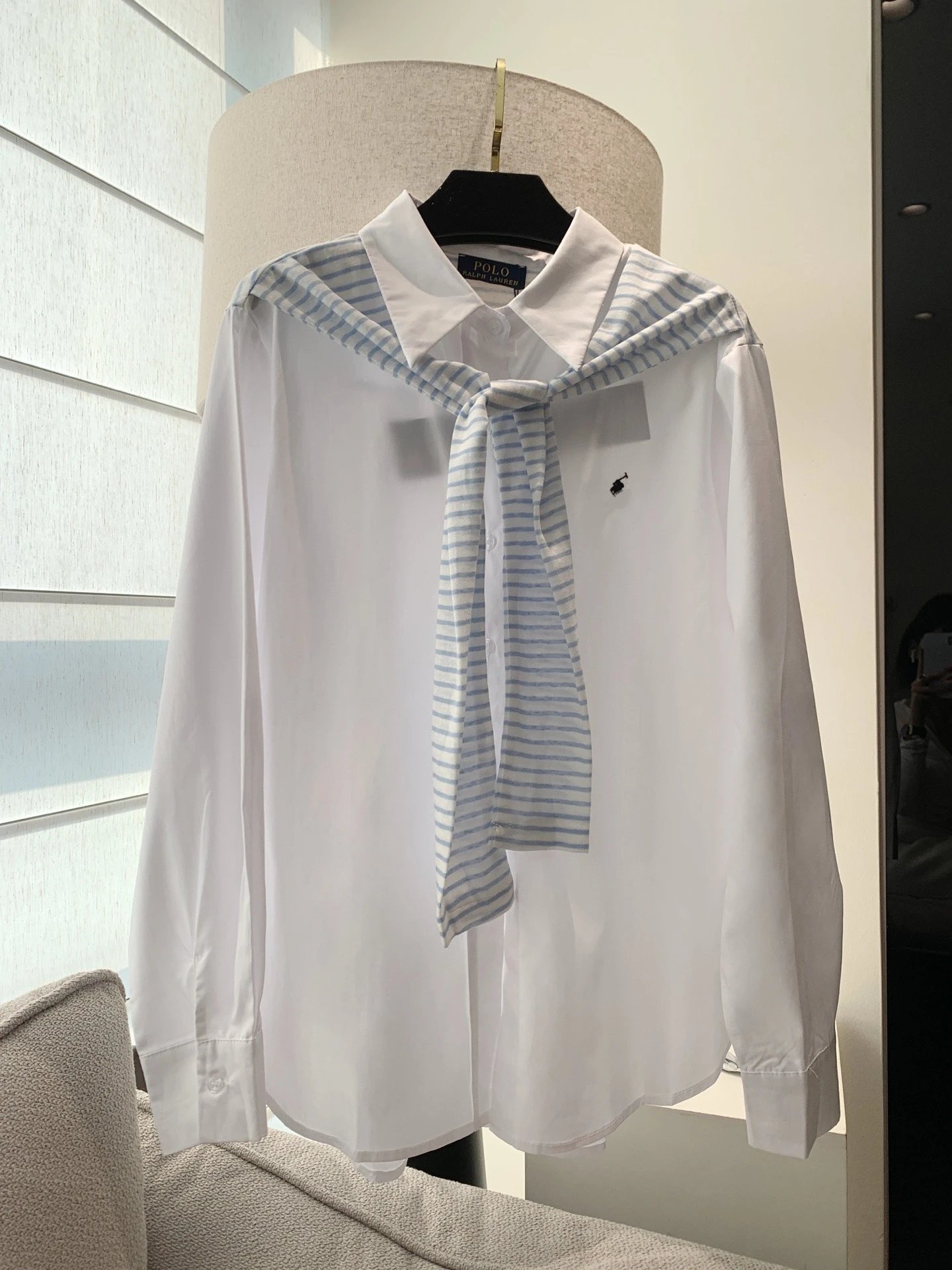 Polo Ralph Lauren Classic Fit Shirt with Striped Scarf White Blue Shirt - 12