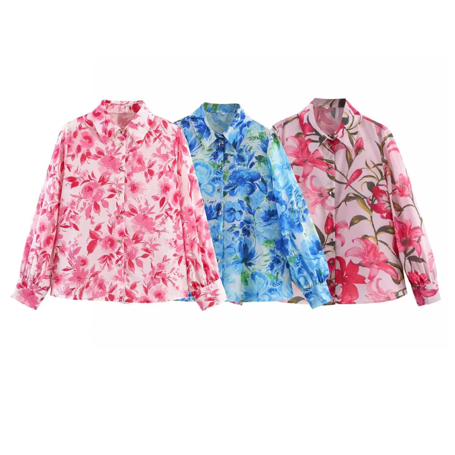 Women Vintage Floral Button Up Long Sleeve Shi