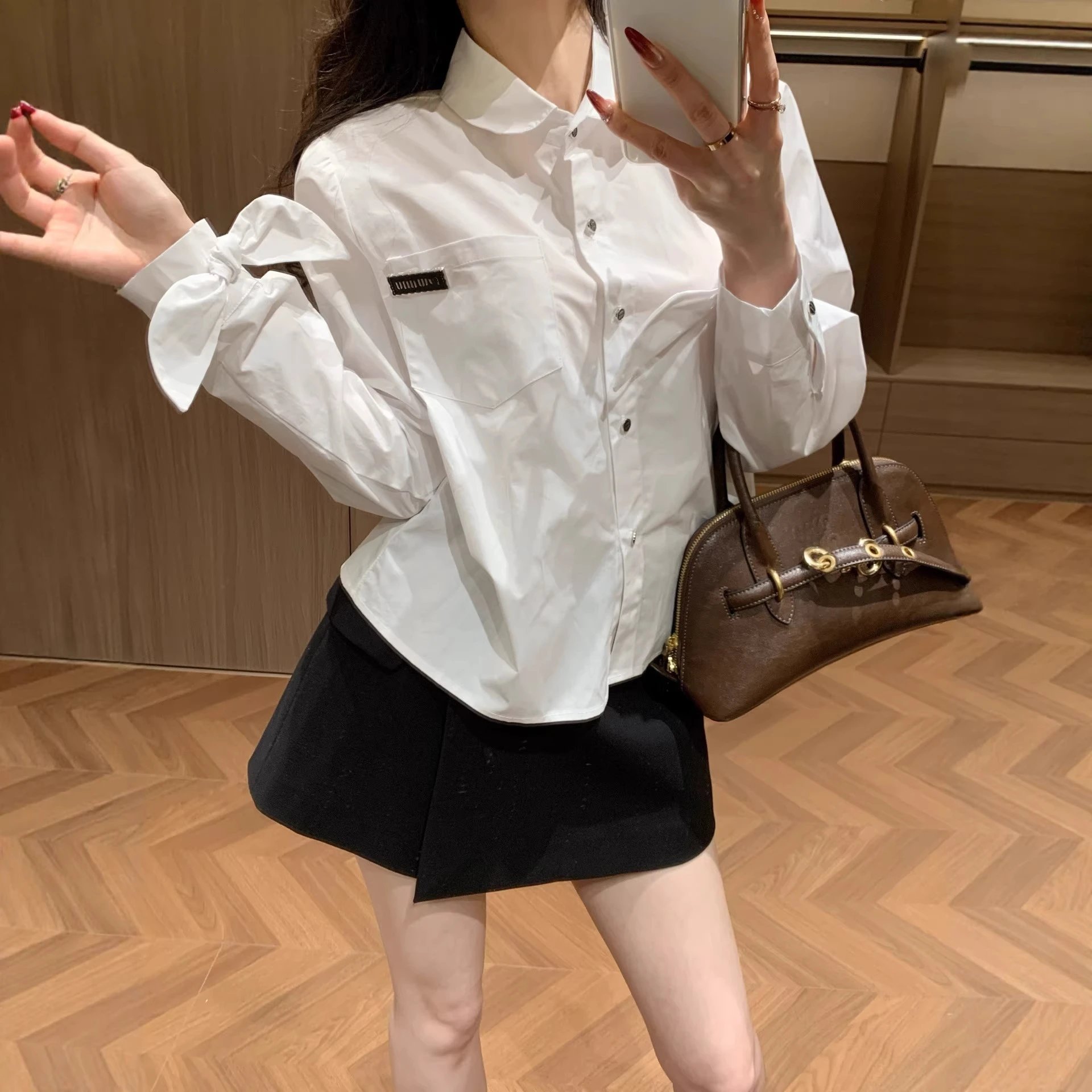 MU家高品质长袖贴标蝴蝶结袖口娃娃领休闲衬衫洋气百搭修身气质