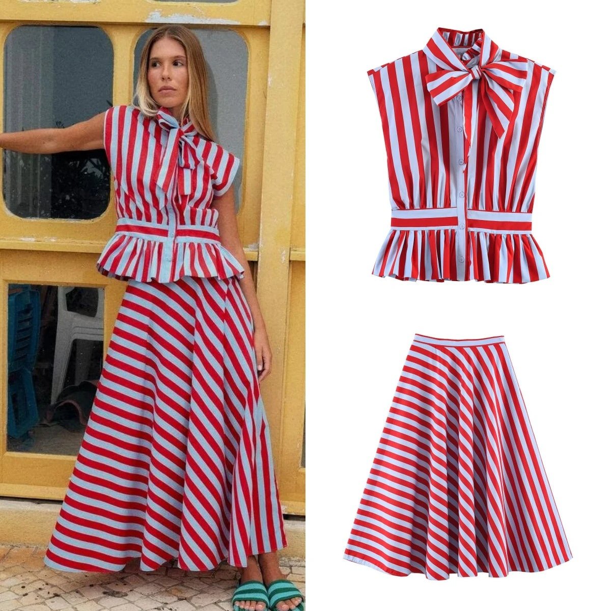 2026 Summer French Vintage Stripe Blouse Skirt