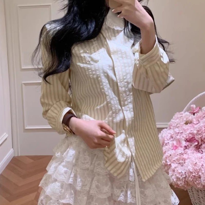 MU春季新款长袖日系荷叶边娃娃领复古条纹衬衫简约大气通勤休闲