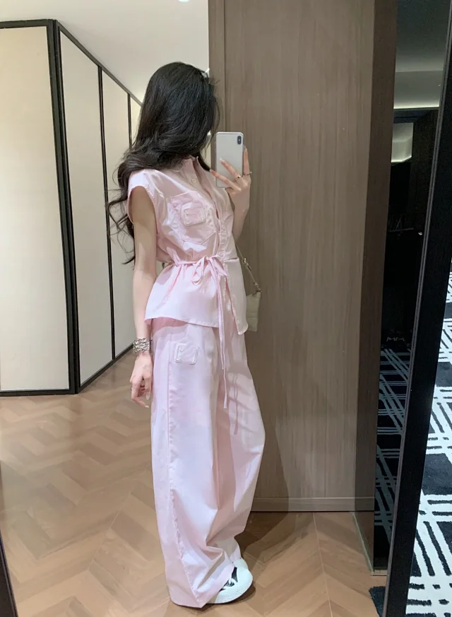 Miu Matching Sets Collared Drawstring Shirt and Wide-Leg Trousers Set product detail image 1