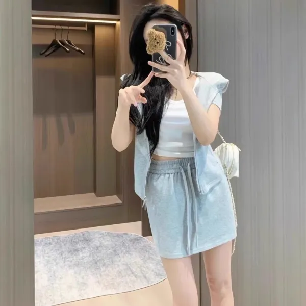 Design Ruffled Sleeve Crop Top and Drawstring Shorts Set White Casual Set - 8