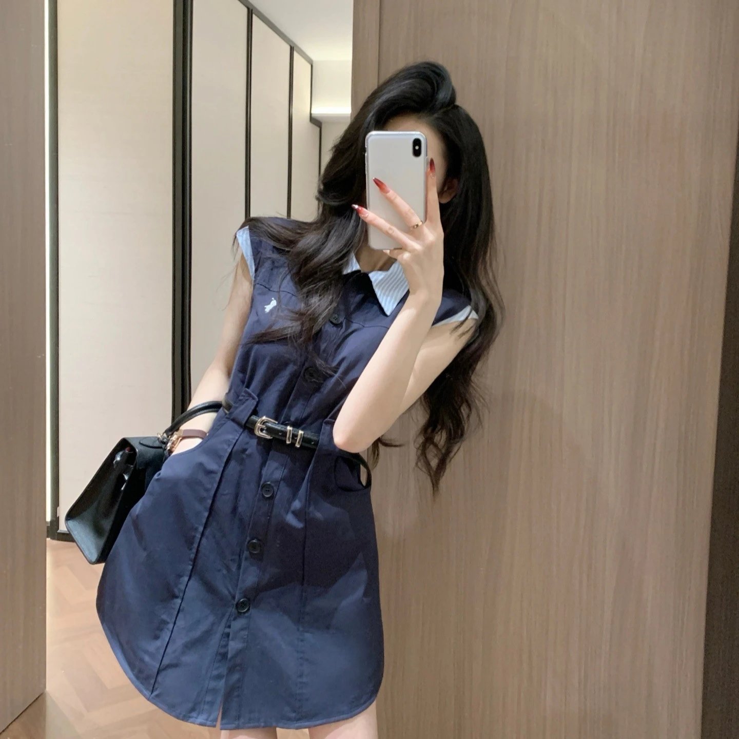 Unbranded Dresses Sleeveless button-front shirt dress with striped collar and belt image 2
