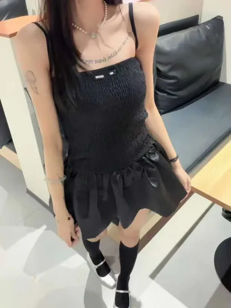Design Smocked Strapless Top with Satin Ruffle Hem Black - 4