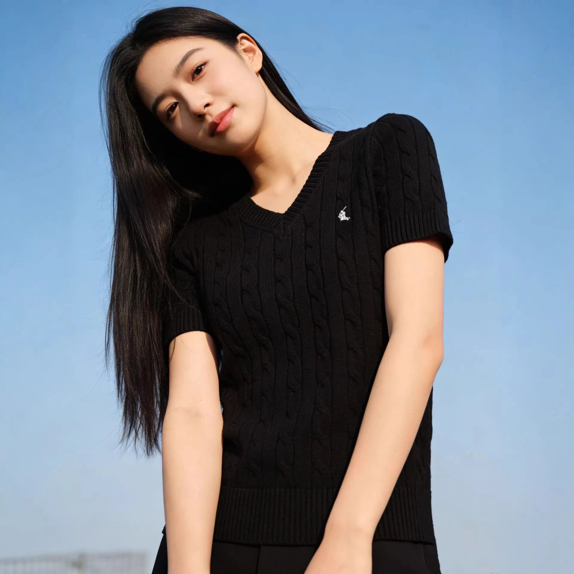 高品质/RL经典款小马刺绣V领麻花套头毛衫短袖休闲宽松可一件