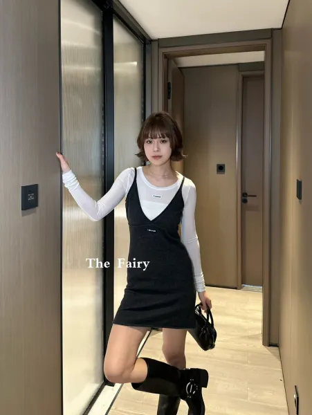 Design The Fairy Knit Slip Dress with Layered White Base Layer in Charcoal Gray Dress - 4