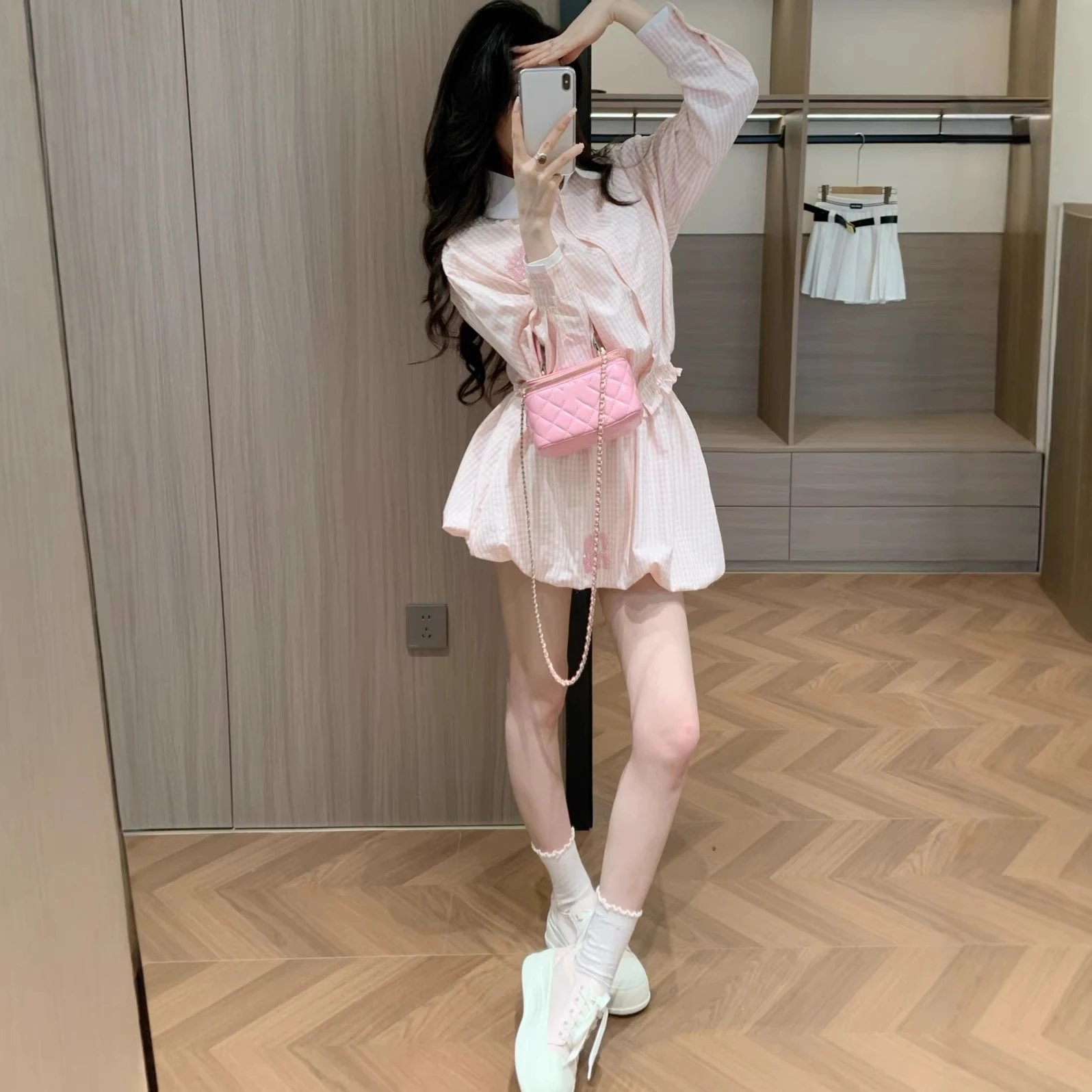 Miu Matching Sets Gingham collared shirt and bubble skirt set image 2