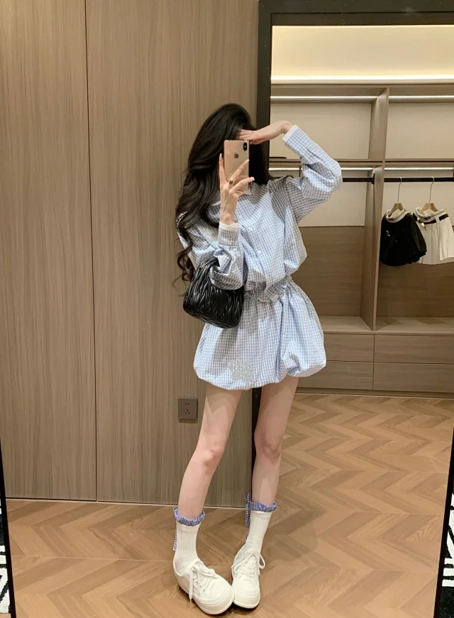 Miu Matching Sets Gingham collared shirt and bubble skirt set product detail image 8