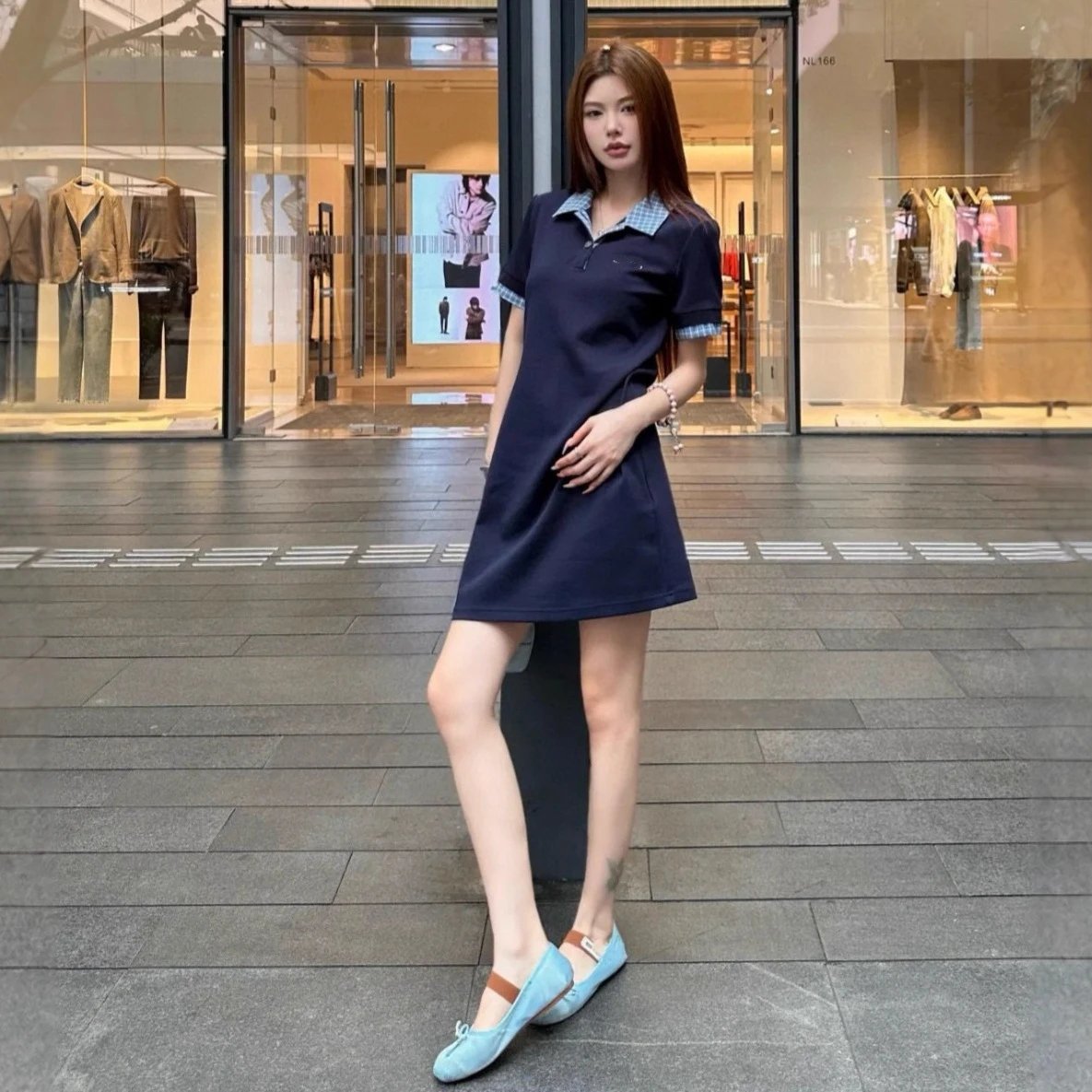 现货miu假两件polo裙字母刺绣格子直筒连衣裙韩版百搭显瘦