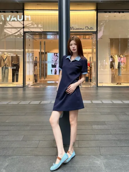 Fred Perry Polo Dress Navy with Gingham Collar and Cuffs - 4