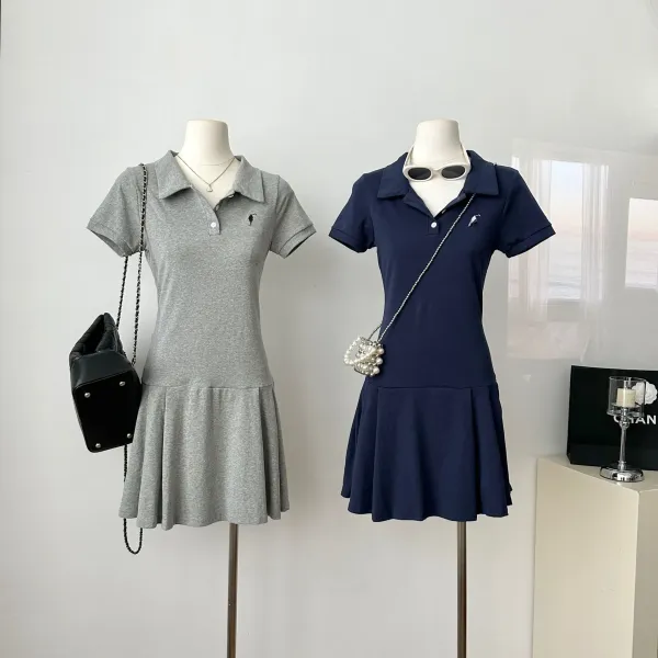 Design Gray Pleated Polo Dress with Pearl Strap Dress - 10
