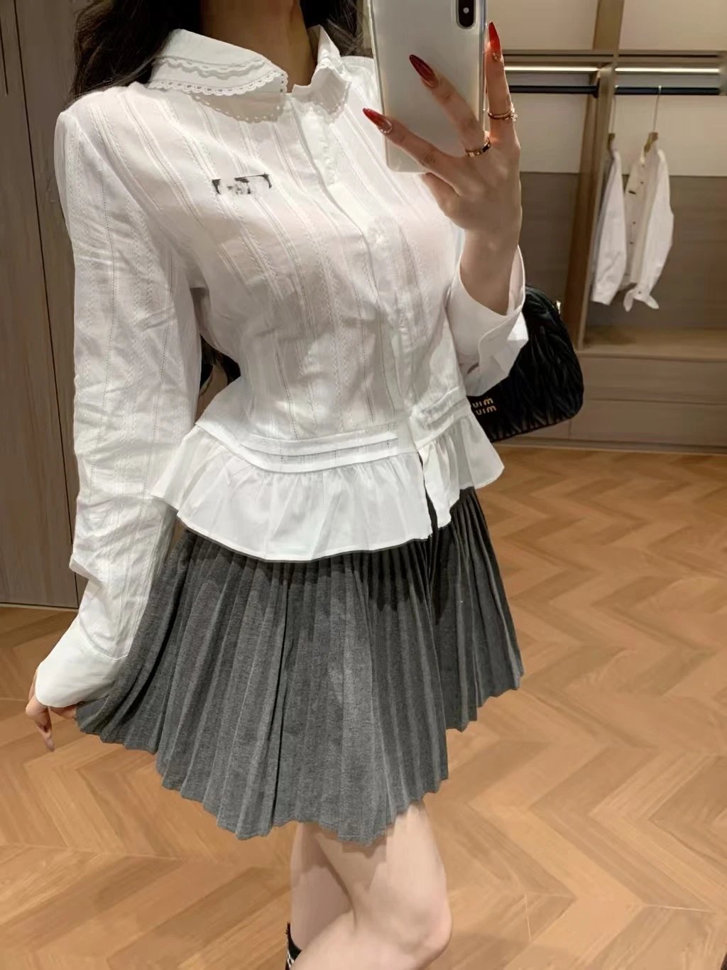 Design White Lace-Collar Peplum Shirt with Pleated Gray Skirt Set Sets - 5
