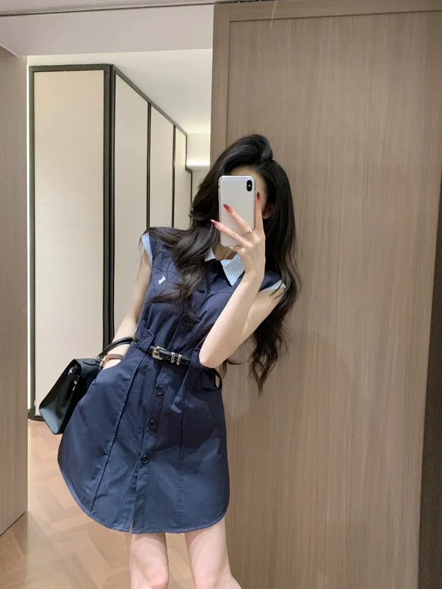 Unbranded Dresses Sleeveless button-front shirt dress with striped collar and belt product detail image 7