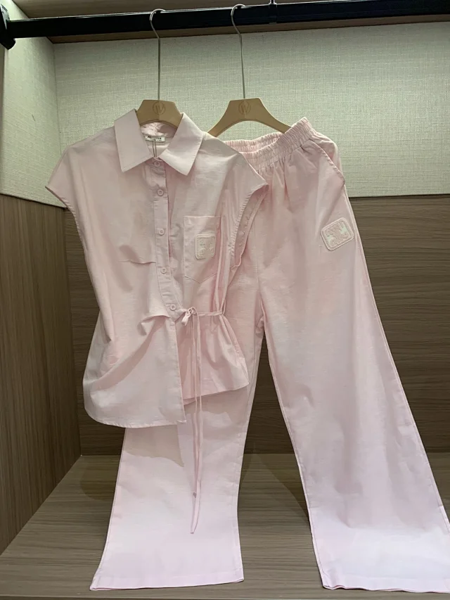 Miu Matching Sets Collared Drawstring Shirt and Wide-Leg Trousers Set product detail image 8