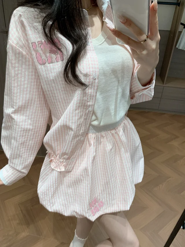 Miu Matching Sets Gingham collared shirt and bubble skirt set product detail image 1