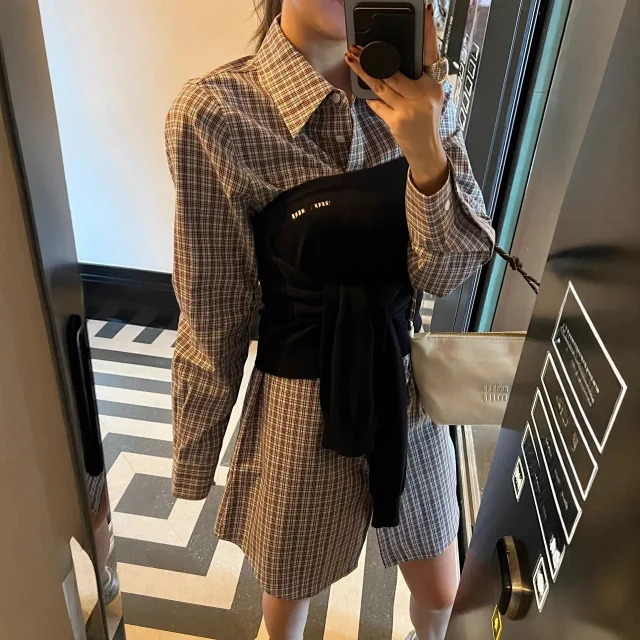 Miu Dresses Plaid shirt dress with knit bustier overlay and waist tie product detail image 3