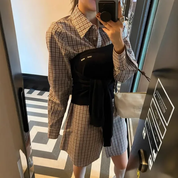 Miu Miu Knit Wrap Top in Navy with Plaid Shirt Dress - 3