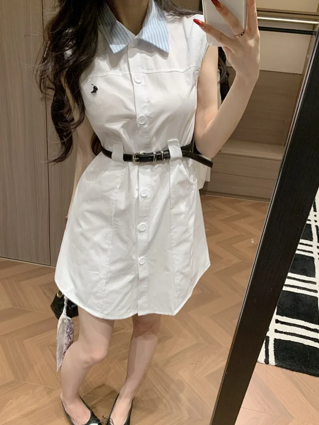 Unbranded Dresses Sleeveless button-front shirt dress with striped collar and belt product detail image 1