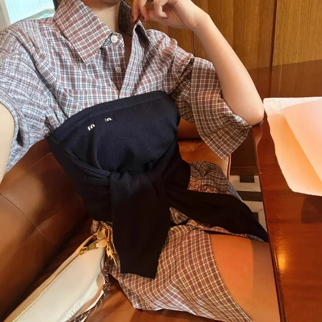 Miu Dresses Plaid shirt dress with knit bustier overlay and waist tie product detail image 2