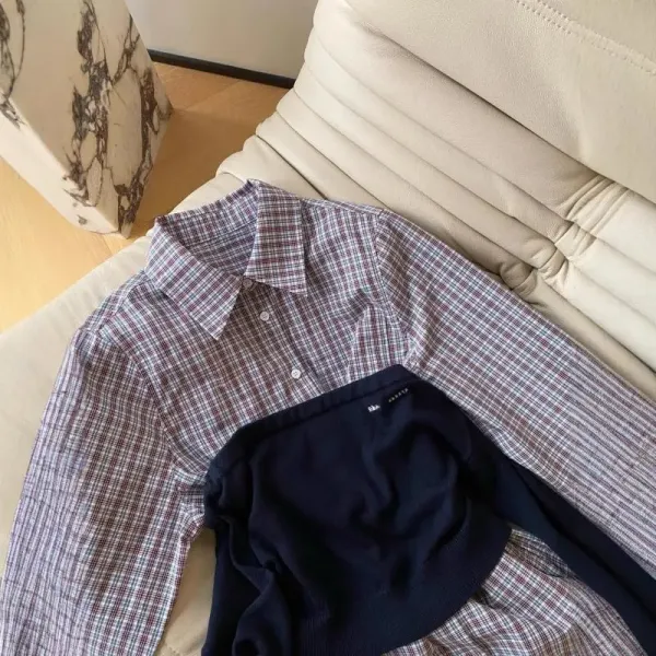 Miu Miu Knit Wrap Top in Navy with Plaid Shirt Dress - 7