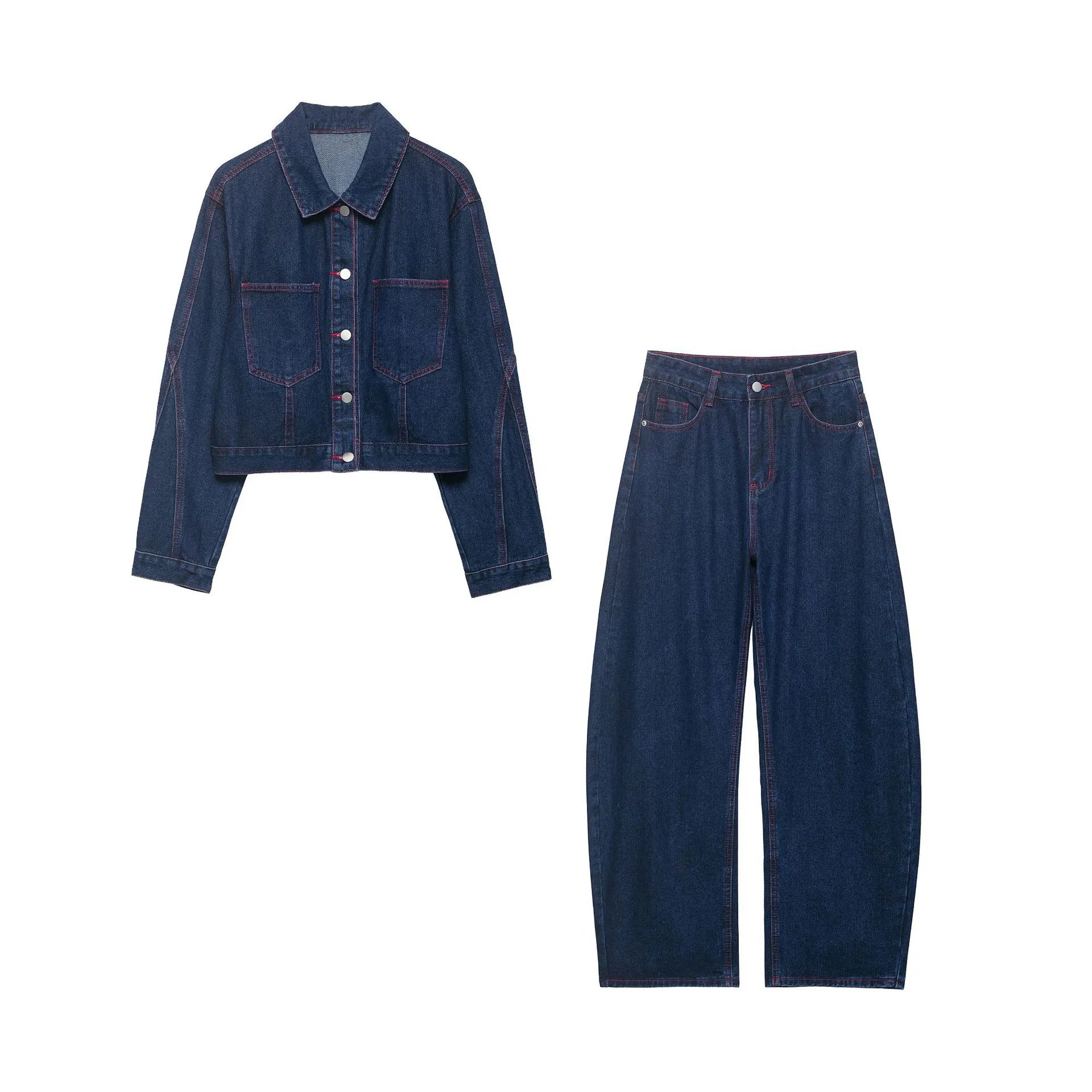 Women Vintage Red Denim Jacket and Wide Leg Je