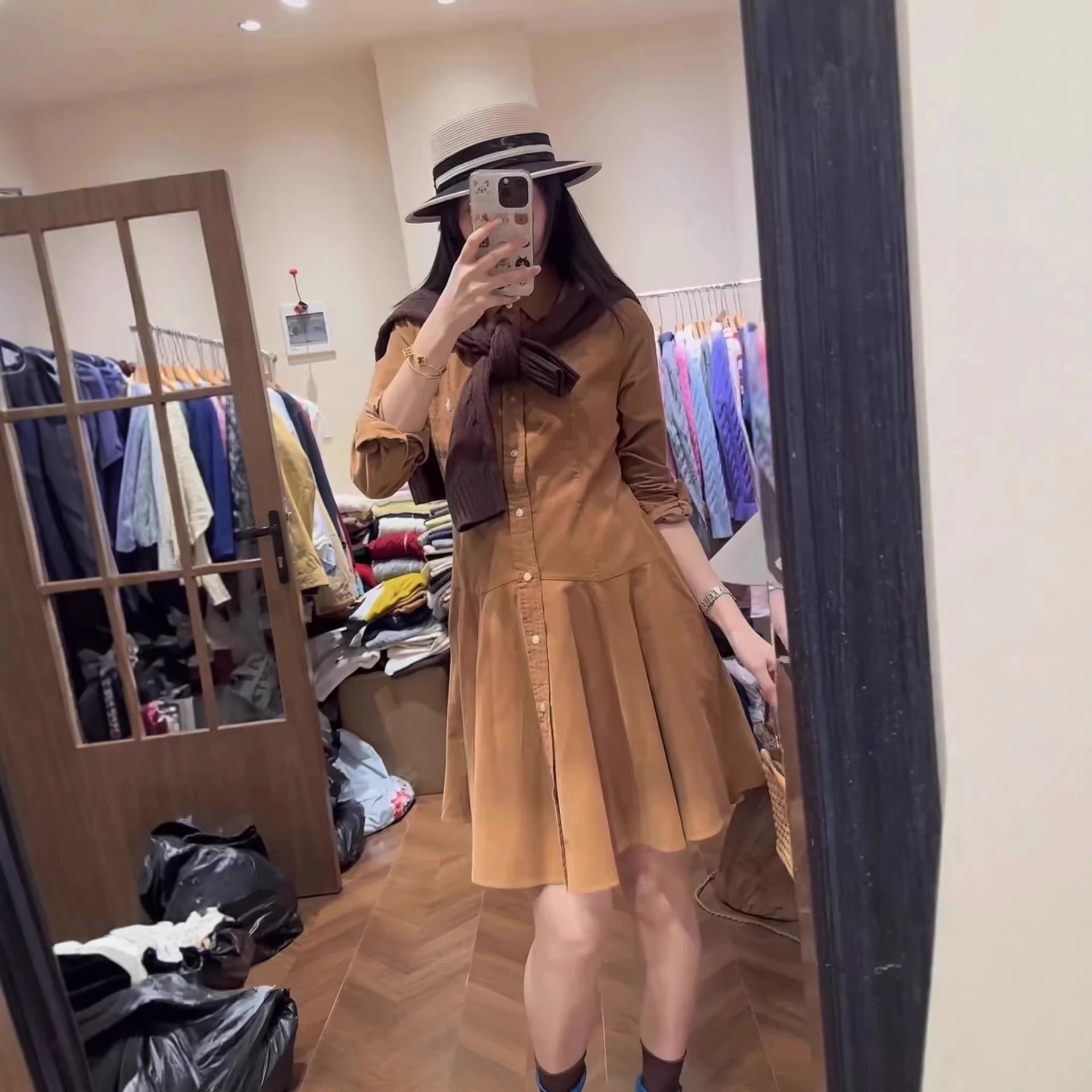 Brown Shirt Dress with Flared 