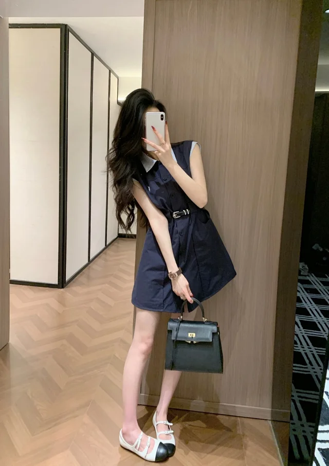 Unbranded Dresses Sleeveless button-front shirt dress with striped collar and belt product detail image 6