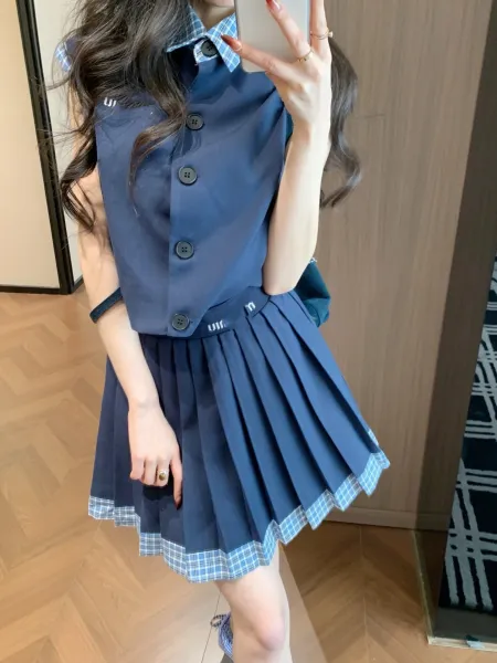 Design Pleated Skirt Set with Plaid Trim Navy Blue Schoolgirl-Style Dress - 3