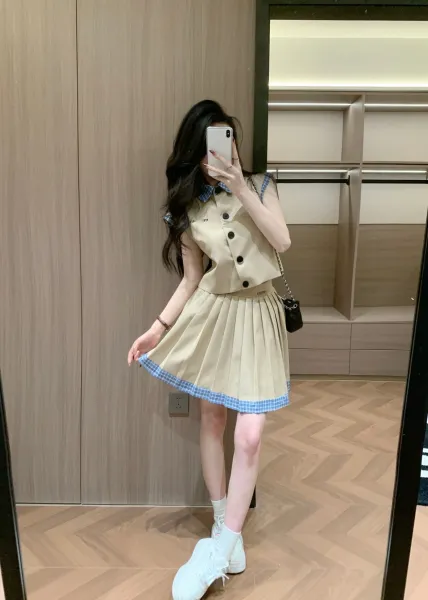 Design Pleated Skirt Set with Plaid Trim Navy Blue Schoolgirl-Style Dress - 5
