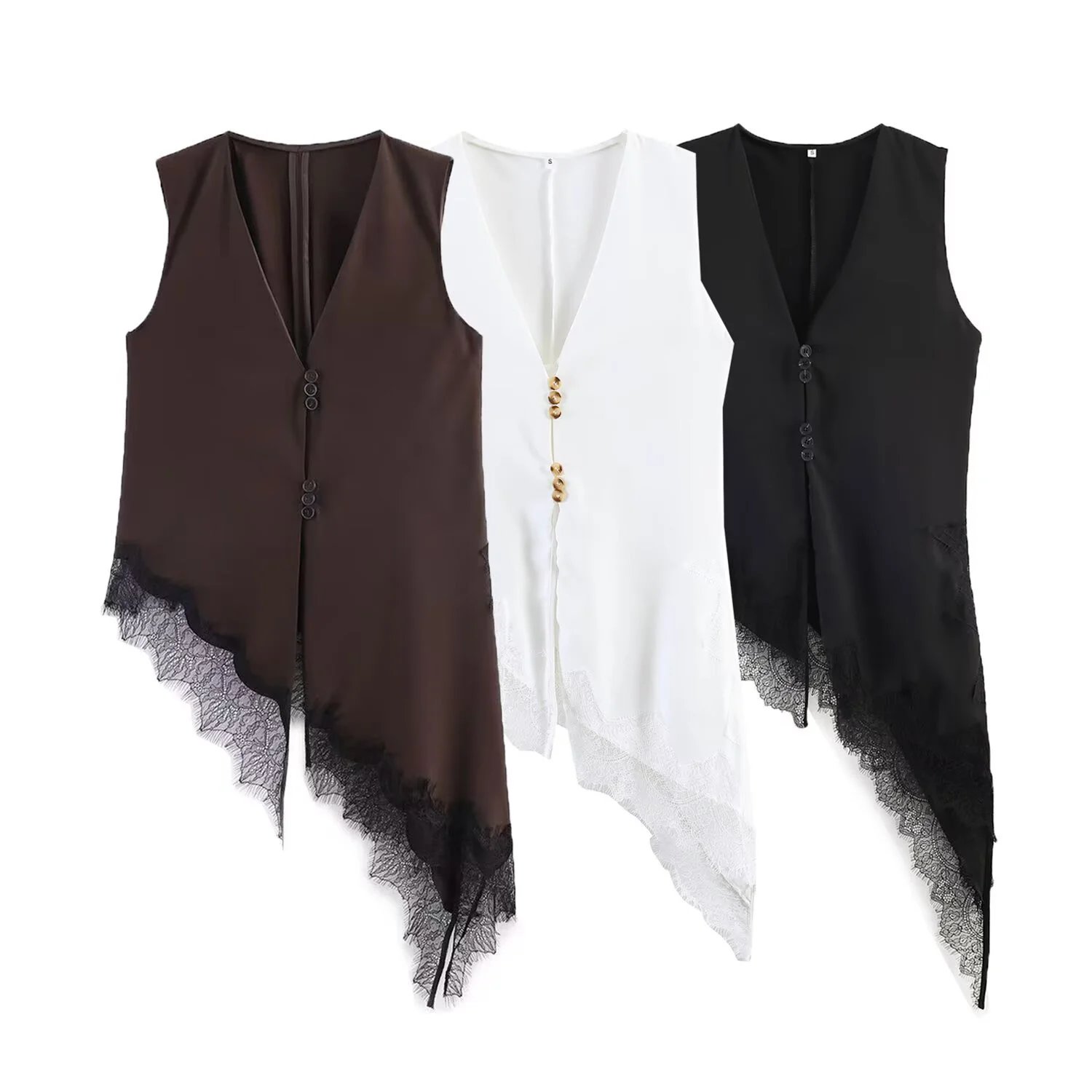 Women Summer V Neck Lace Asymmetrical Slim Fit