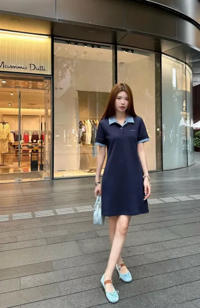 Fred Perry Polo Dress Navy with Gingham Collar and Cuffs - 2