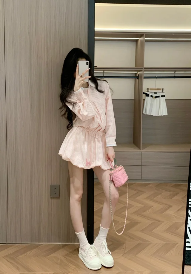 Miu Matching Sets Gingham collared shirt and bubble skirt set product detail image 4