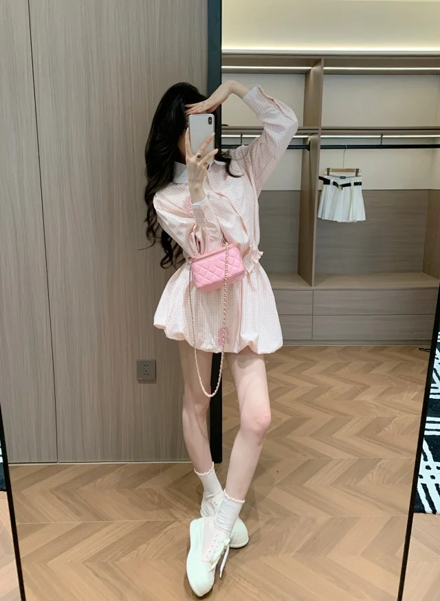 Miu Matching Sets Gingham collared shirt and bubble skirt set product detail image 3