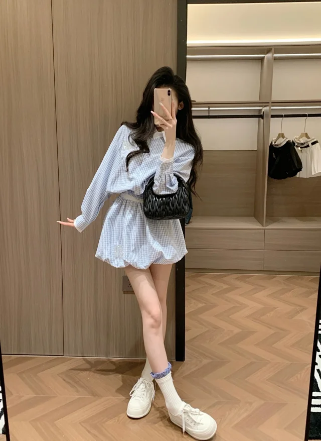 Miu Matching Sets Gingham collared shirt and bubble skirt set product detail image 5