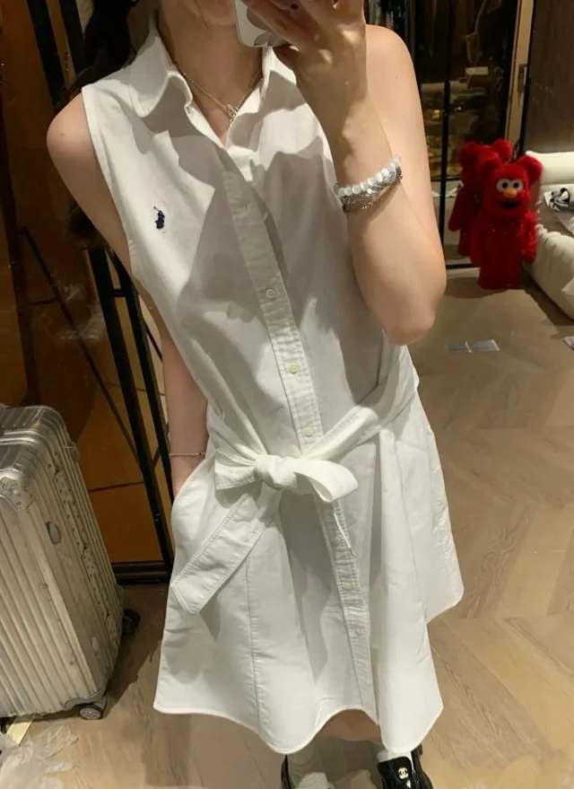 Ralph Lauren Dresses Sleeveless collared button-front belted shirt dress with embroidered pony product detail image 3