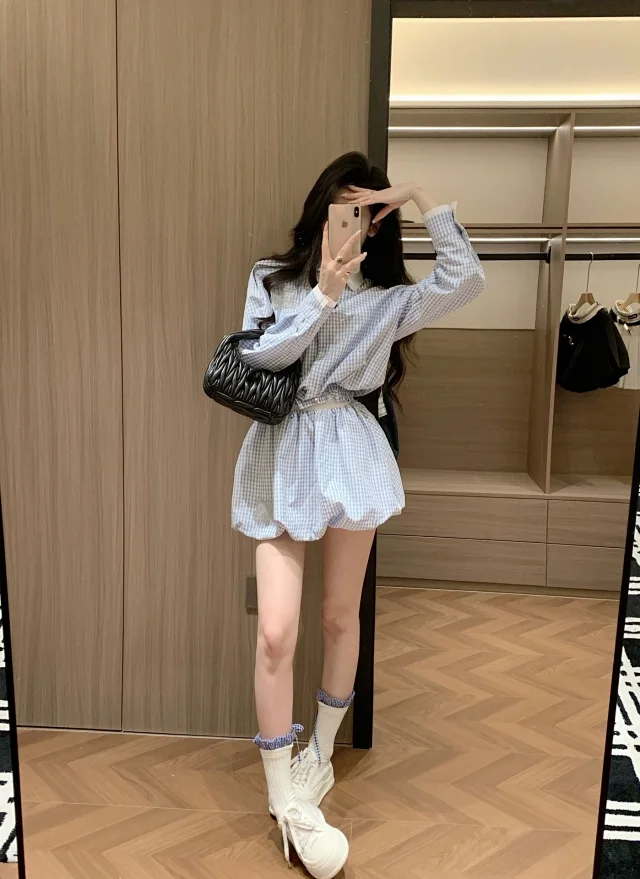 Miu Matching Sets Gingham collared shirt and bubble skirt set product detail image 6