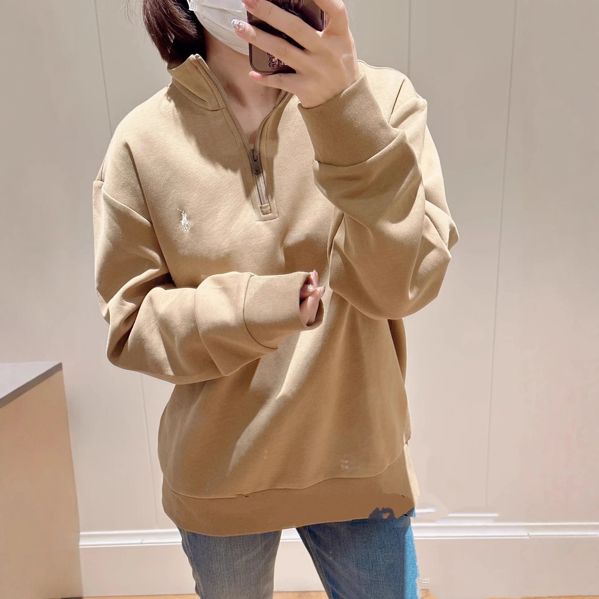 可扫码RL跨境小马标刺绣半拉链卫衣男女同款棉立领长袖上衣