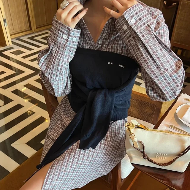 Miu Dresses Plaid shirt dress with knit bustier overlay and waist tie product detail image 1