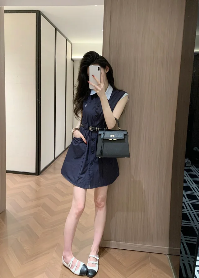 Unbranded Dresses Sleeveless button-front shirt dress with striped collar and belt product detail image 4