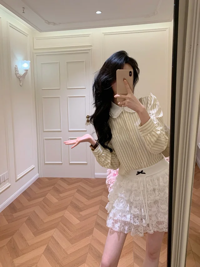 Unbranded Shirts Long-Sleeve Ruffled Peter Pan Collar Textured Stripe Shirt product detail image 1