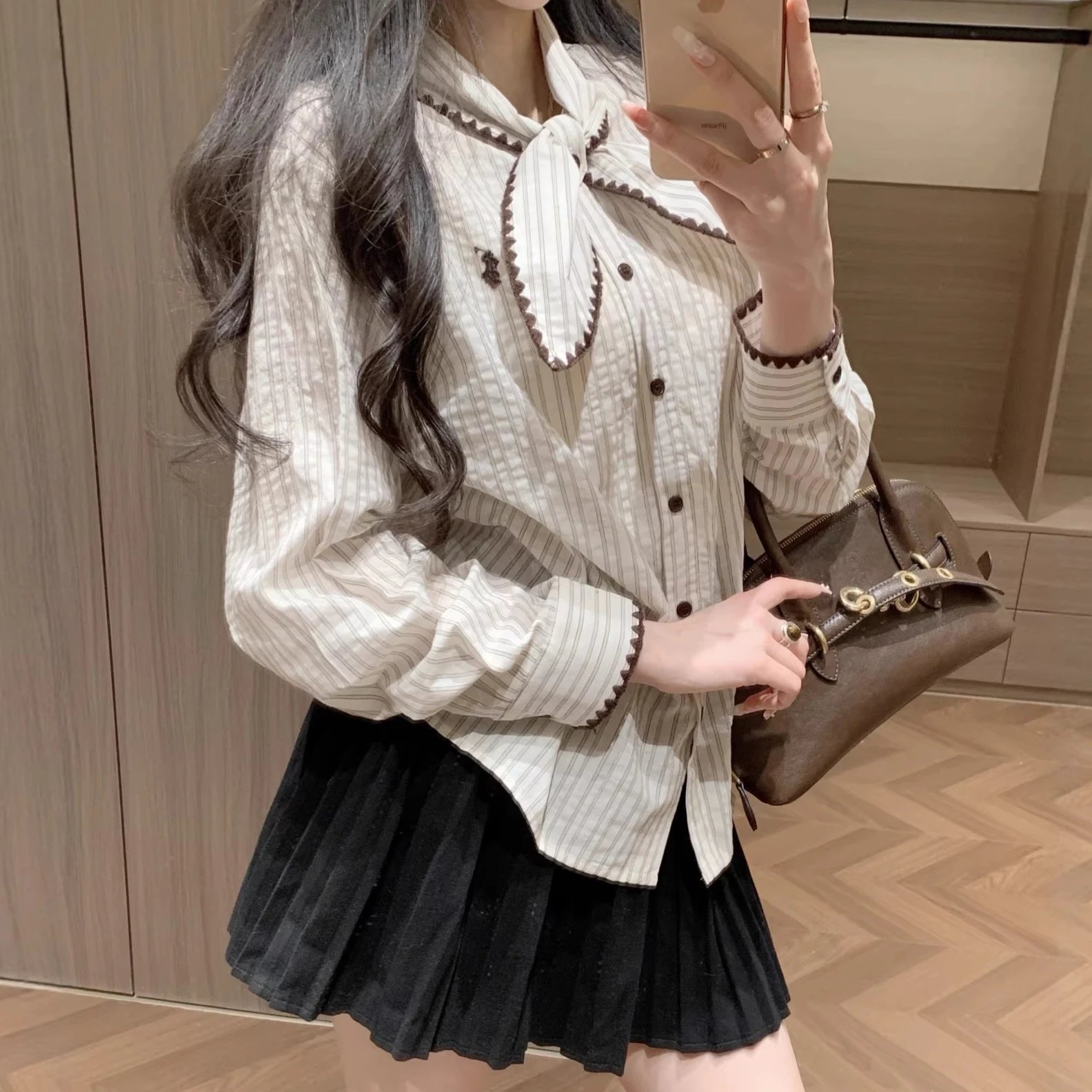 None Striped Bow Neck Blouse