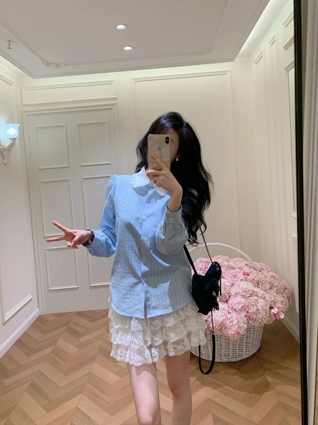Unbranded Shirts Long-Sleeve Ruffled Peter Pan Collar Textured Stripe Shirt product detail image 4