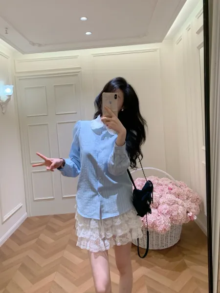 Design Peter Pan Collar Shirt in Light Blue with Lace Skirt Set - 5