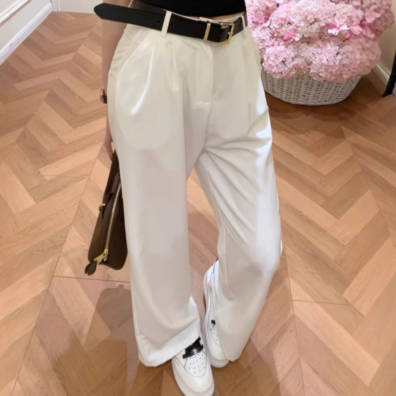 高版~MU家后口袋金属装饰直筒长裤配腰带显瘦简约休闲百搭显气