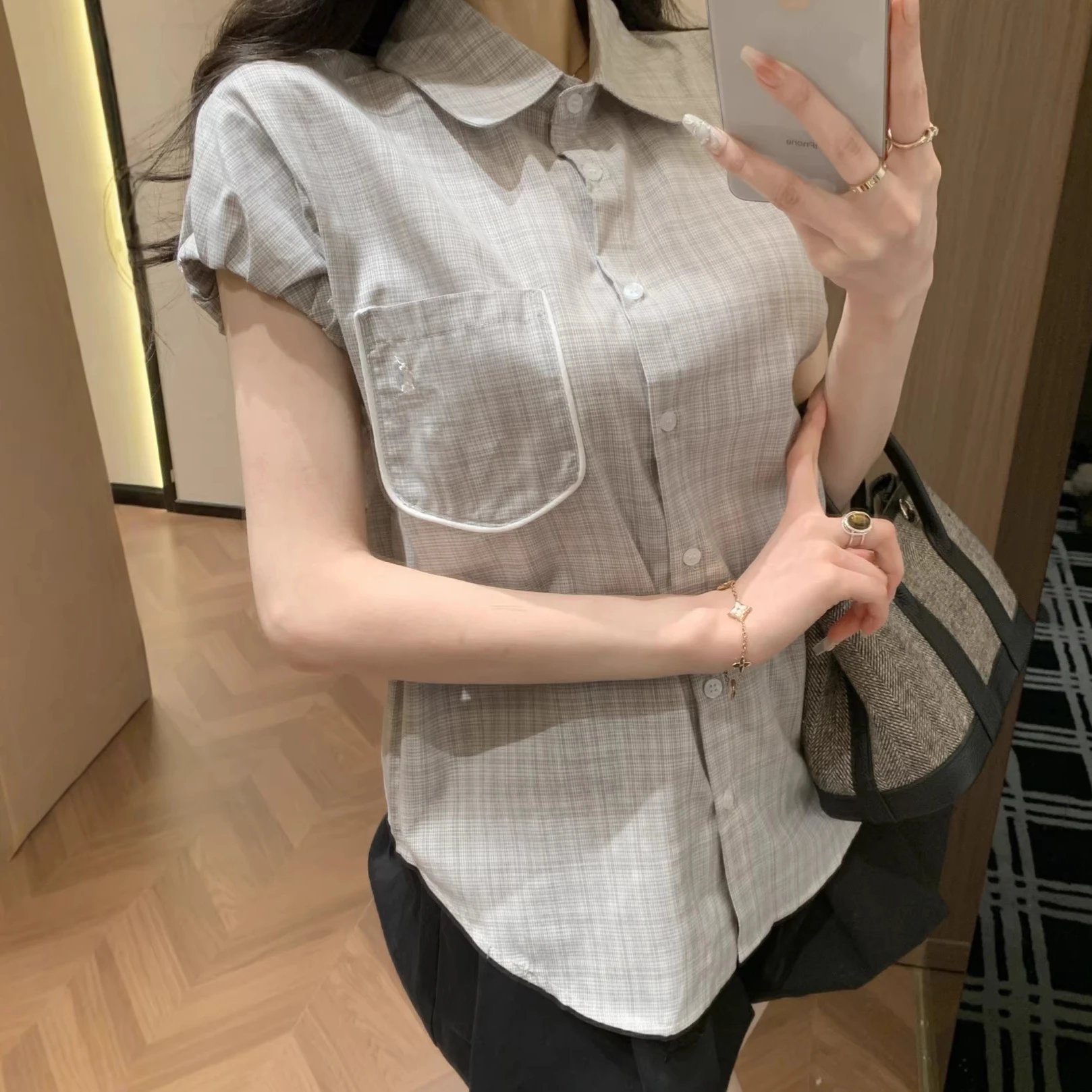 高品质RL捏褶飞飞袖口袋POLO领短袖上衣格纹收腰衬衫减龄清