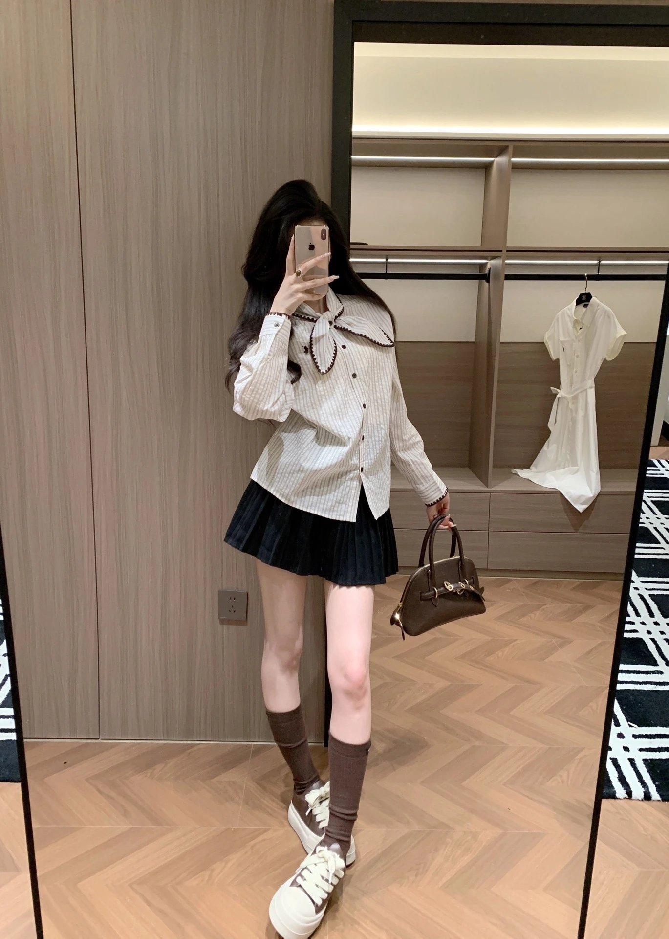 Design Striped Bow-Neck Shirt with Scallop Trim in Beige and Black Pleated Skirt - 5