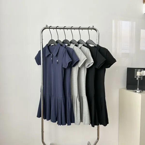Design Gray Pleated Polo Dress with Pearl Strap Dress - 11