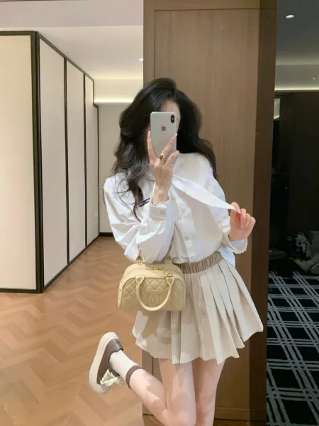 Design Bow-Neck Shirt White + Pleated Skirt Beige Handbag - 3